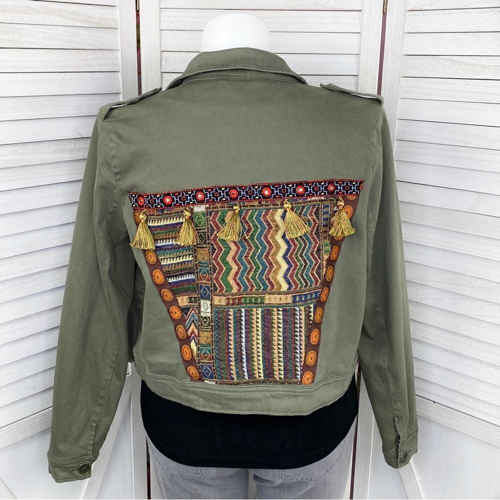 Wonderly Curvy Jacket Womens 12W 0X Green Embroidered Back Twill Army Cropped